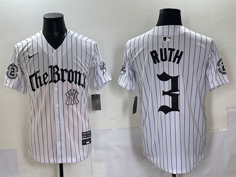 Men 2025 New York Yankees #3 Ruth White Stripe Five generations Joint Name Nike MLB Jersey style 010->new york yankees->MLB Jersey